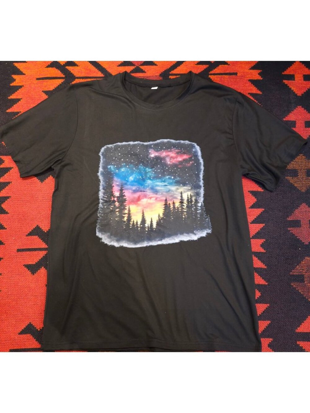 NEW Galaxy Forest Print Black T-Shirt Large With Vibrant Sunset Sky Design